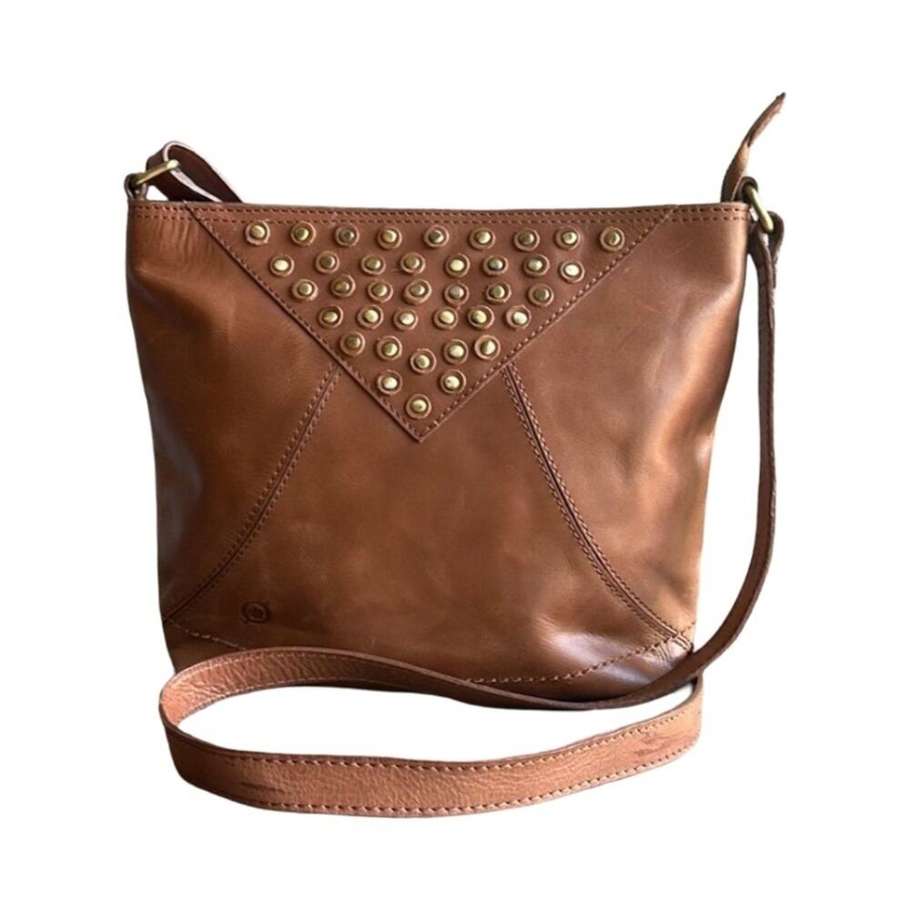 Born Leather Studded Shoulder Crossbody Bag Brown Flap Envelope Casual Everyday